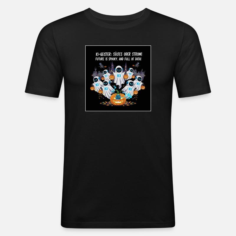 KI-Geister: Süßes oder Strom ! - Männer Slim Fit T-Shirt - Schwarz