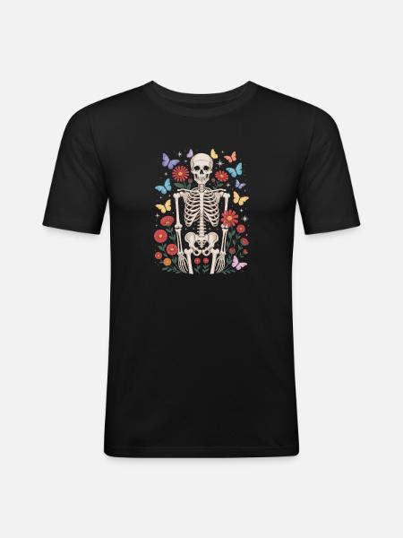 Squelette Papillon Fleuriste Floral Halloween - T-shirt près du corps Homme - noir