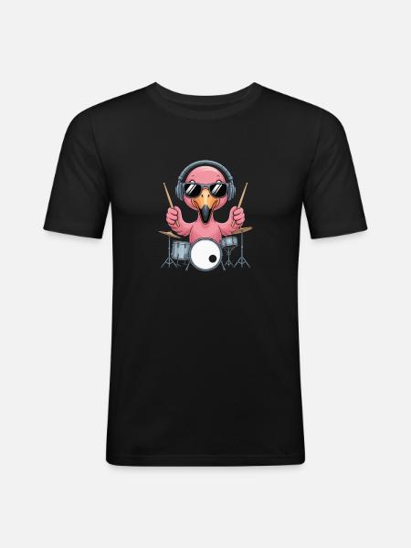 Flamingo Drummer With Headphones And Sunglasses - Men's Slim Fit T-Shirt - black
