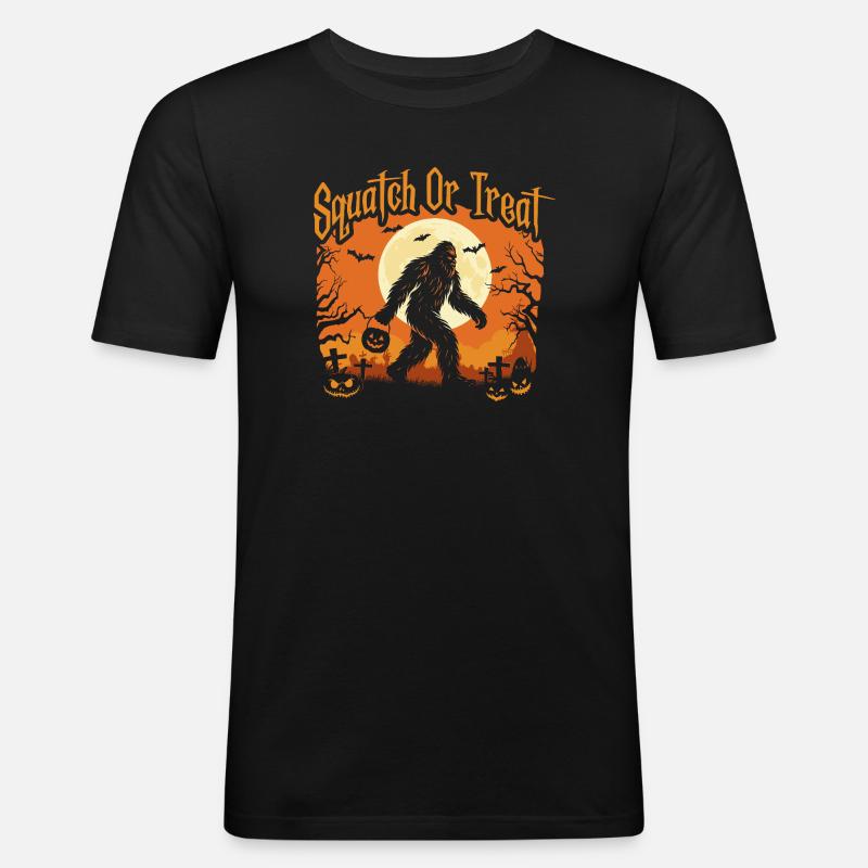 Kniebeugen oder Leckerli Spooky Bigfoot Halloween - Männer Slim Fit T-Shirt - Schwarz