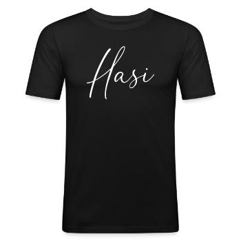 Hasi / Conception de l’écriture manuscrite - T-shirt près du corps Homme - noir - Devant - Nik (191cm)