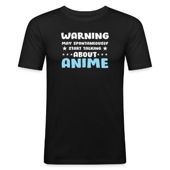 Anime Gesprächs-Warnung Spruch Shirt - Männer Slim Fit T-Shirt - Schwarz - Vorne - Nik (191cm)