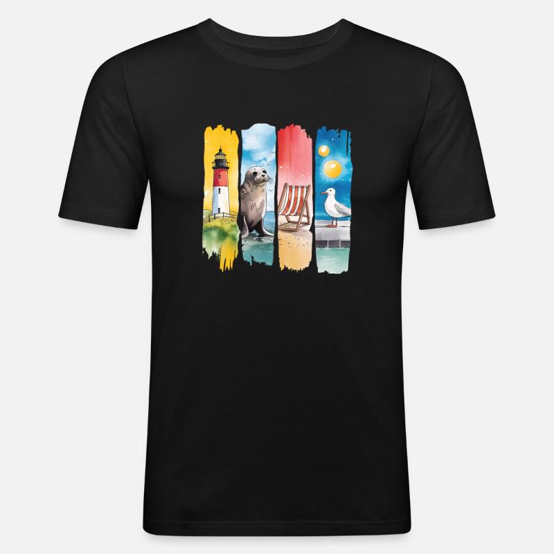 Maritim Leuchtturm Robbe Möwe Küste - Männer Slim Fit T-Shirt - Schwarz