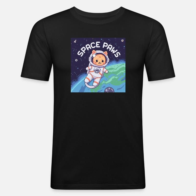 Space Paws – Pixel Cat Astronaut  - Männer Slim Fit T-Shirt - Schwarz
