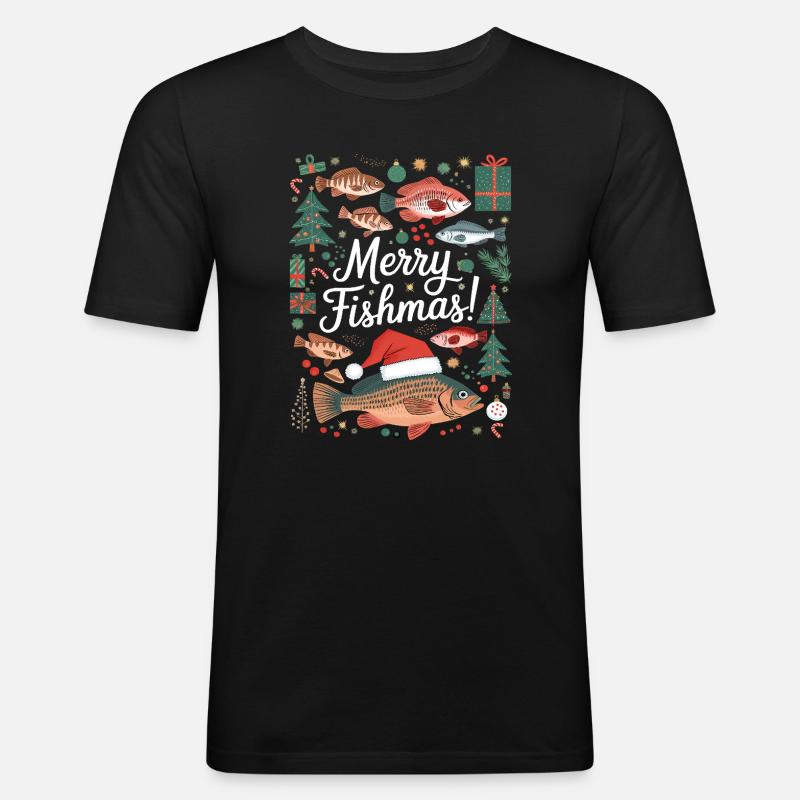 Angler Weihnachtspullover Fisch Merry Fishmas - Männer Slim Fit T-Shirt - Schwarz