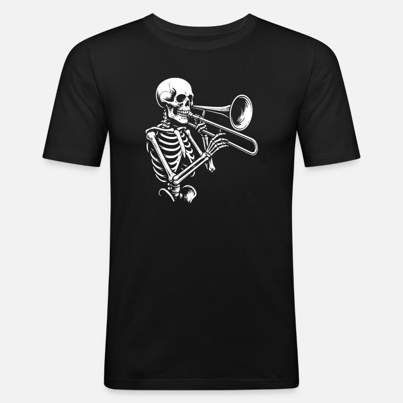 Skelett Trompete Jazz Silhouette - Männer Slim Fit T-Shirt - Schwarz