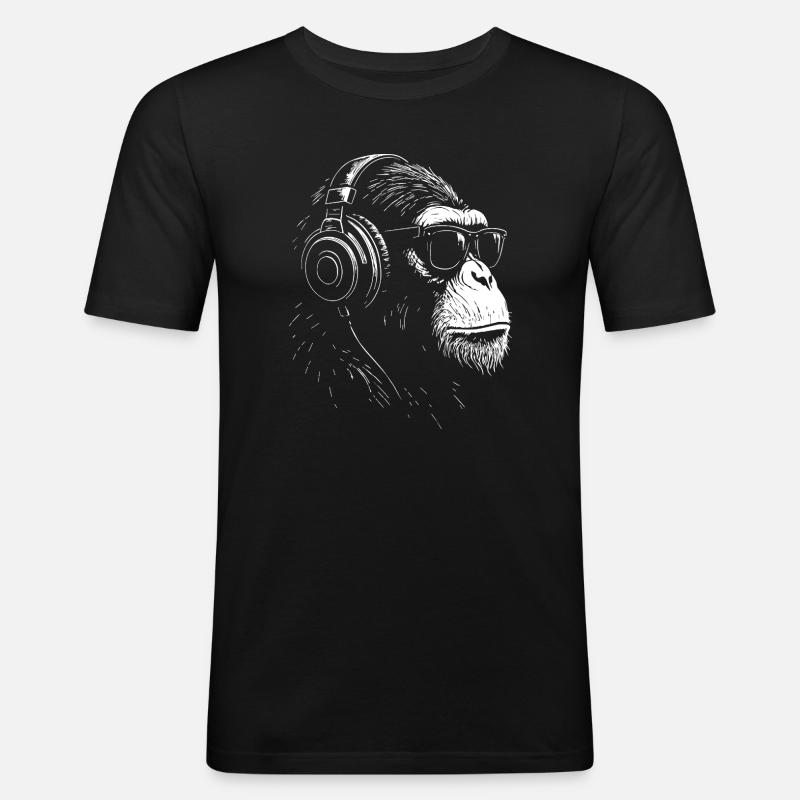 Kopfhörer Monkey mit Sonnenbrille - Männer Slim Fit T-Shirt - Schwarz