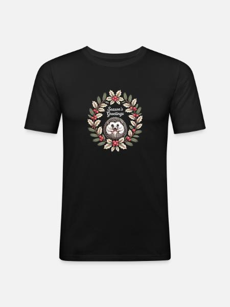 Seasons Greetings Igel Weihnachtskranz Winter - Männer Slim Fit T-Shirt - Schwarz