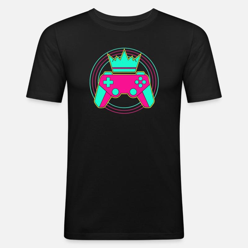 Controller Krone Neon Minimal Zocker Art - Männer Slim Fit T-Shirt - Schwarz