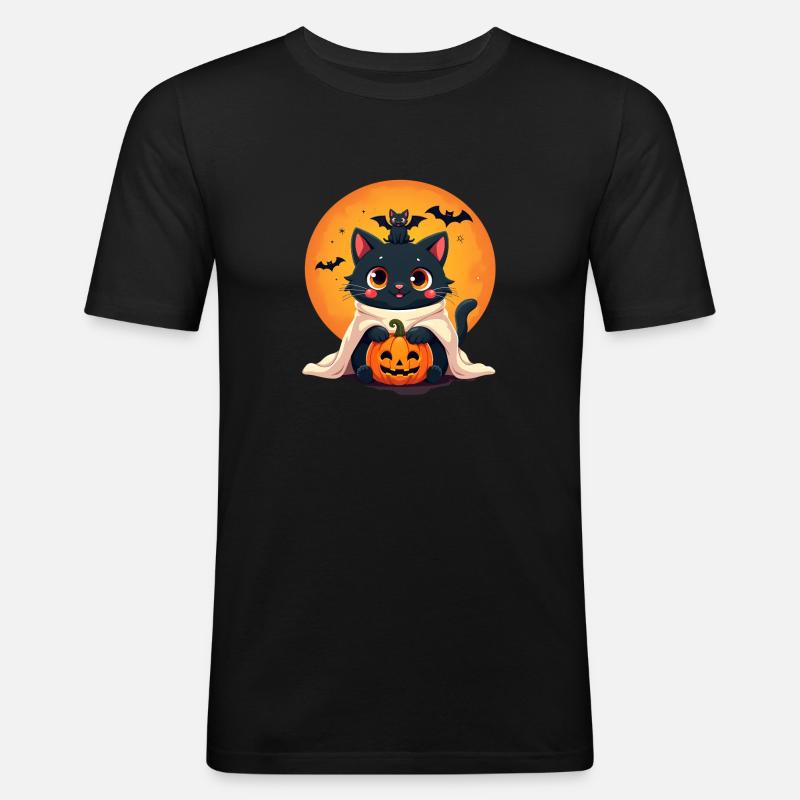 Chat d’Halloween avec citrouille d’Halloween - T-shirt près du corps Homme - noir