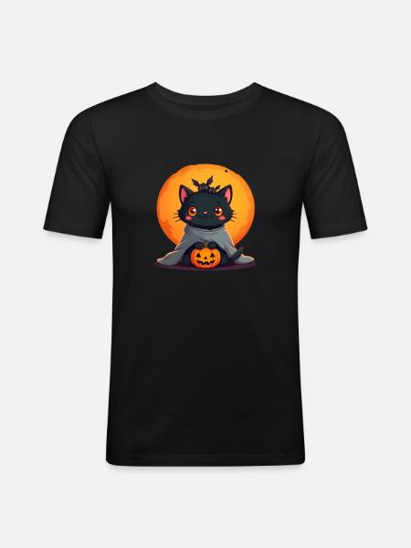 Halloween Kat med Halloween Græskar - Herre Slim Fit T-Shirt - sort