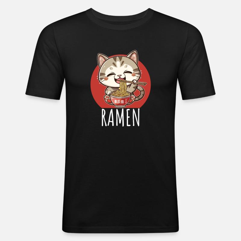 Retro Kawaii Katze isst Ramen - Männer Slim Fit T-Shirt - Schwarz