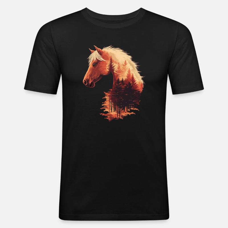 Pferd Herbst - Männer Slim Fit T-Shirt - Schwarz