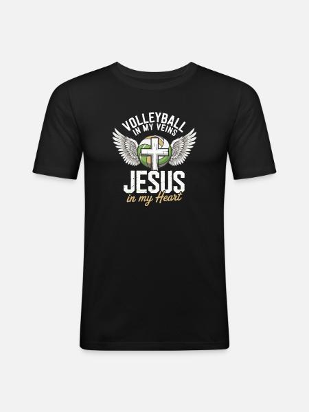 Volleyball & Jesus – Cross with Wings Design - Men's Slim Fit T-Shirt - black