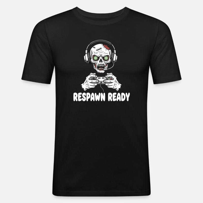 Respawn Ready Zombie Skull Gaming - Männer Slim Fit T-Shirt - Schwarz