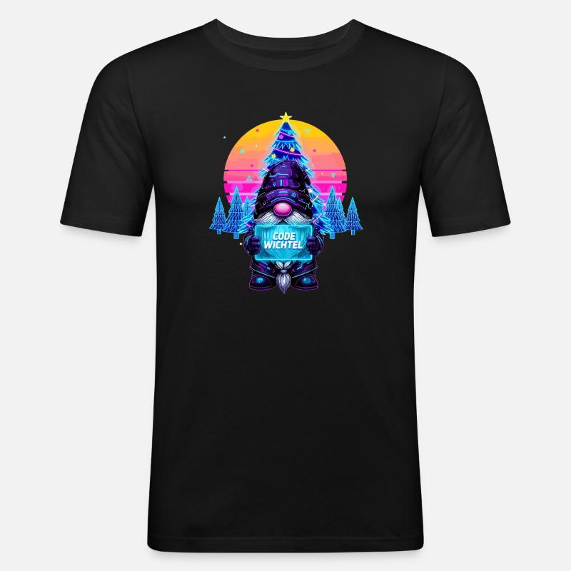 Cyberpunk Code Wichtel - Synthwave Xmas Nerd - Männer Slim Fit T-Shirt - Schwarz