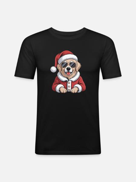 Weihnachtshund im Santa-Outfit - Männer Slim Fit T-Shirt - Schwarz