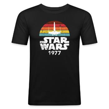 Star Wars Schriftzug 1977 Mit Raumschiff Retro - Männer Slim Fit T-Shirt - Schwarz - Vorne - Nik (191cm)