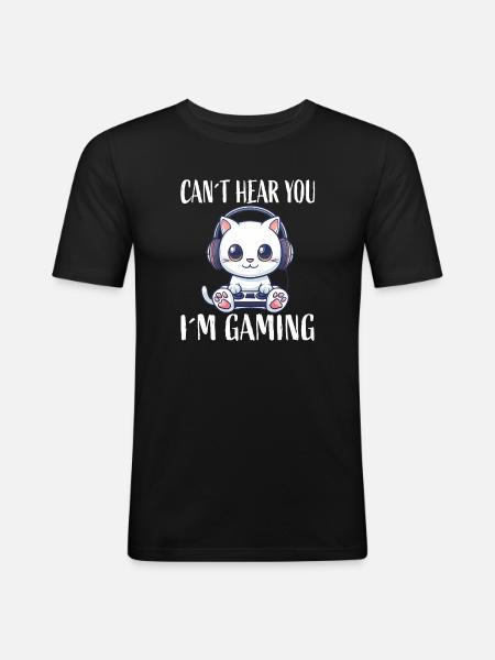 Gaming Katze mit Kopfhörern - Männer Slim Fit T-Shirt - Schwarz