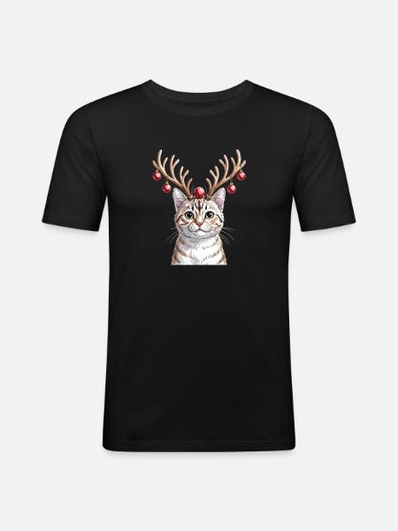 Kätzchen Mit Rentiergeweih Und Weihnachtskugeln - Männer Slim Fit T-Shirt - Schwarz