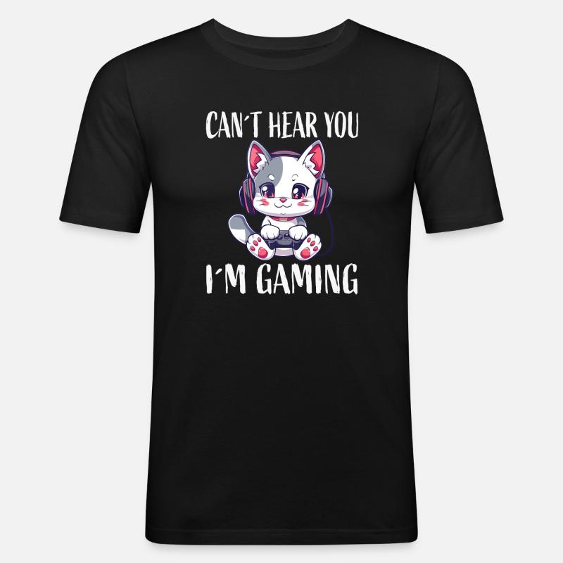 Gaming-Katze Kopfhörer - Männer Slim Fit T-Shirt - Schwarz