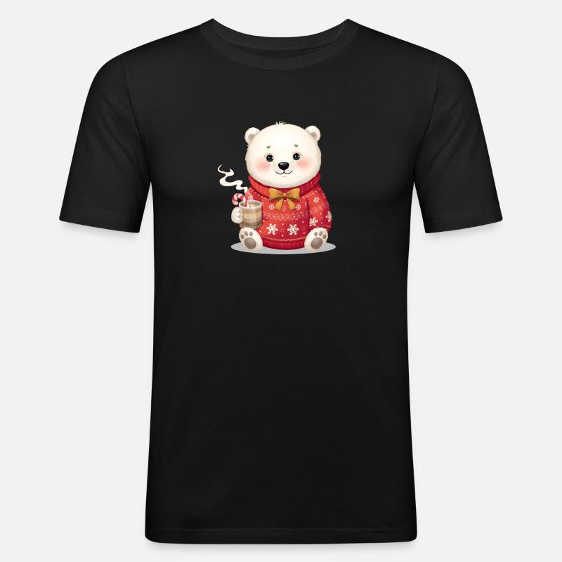 Eisbär im roten Weihnachtspullover - Männer Slim Fit T-Shirt - Schwarz