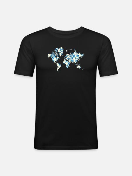 World Map Blue Flowers - Men's Slim Fit T-Shirt - black