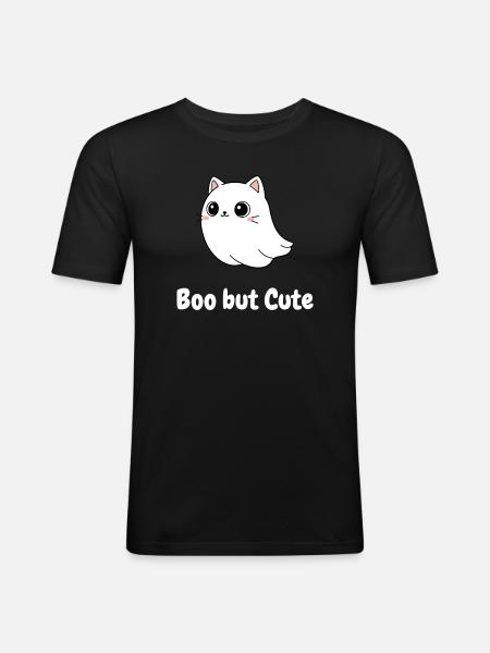 Boo but Cute Cat Ghost Illustration - Men's Slim Fit T-Shirt - black