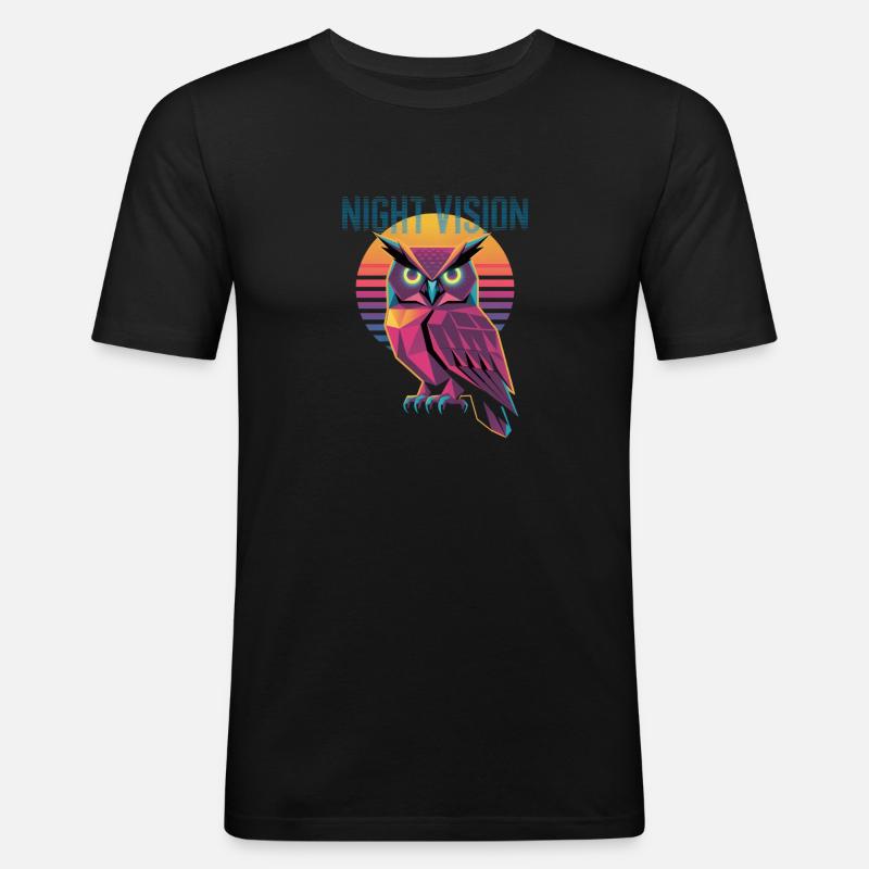 Night Vision Eule Retro Synthwave Sunset - Männer Slim Fit T-Shirt - Schwarz