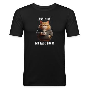 Lass mich! Ich lade noch – Müde Katze mit Kaffee - Männer Slim Fit T-Shirt - Schwarz - Vorne - Nik (191cm)