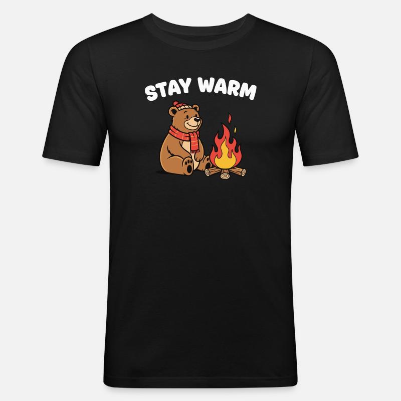 Winterbär am Lagerfeuer - Männer Slim Fit T-Shirt - Schwarz