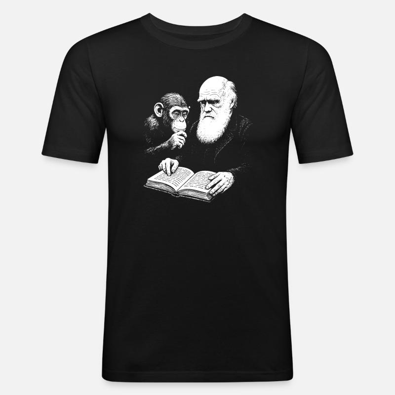 Charles Darwin studying with Monkey  - Men's Slim Fit T-Shirt - black