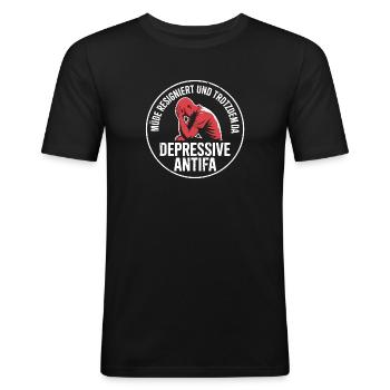 Depressive Antifa - Antifascist Merch - Männer Slim Fit T-Shirt - Schwarz - Vorne - Nik (191cm)