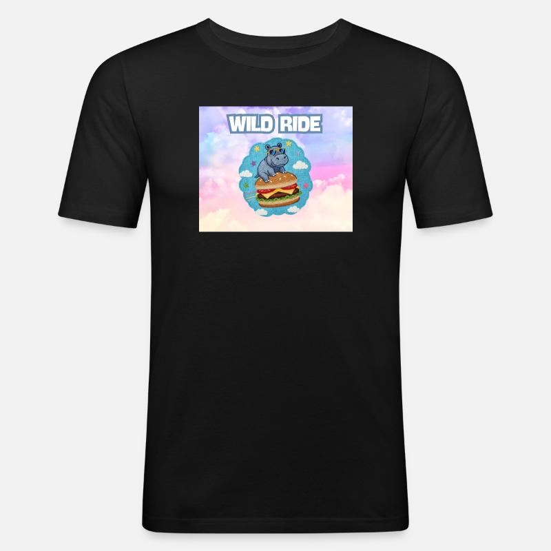 Wild Ride Hippo Burger Patch - Männer Slim Fit T-Shirt - Schwarz