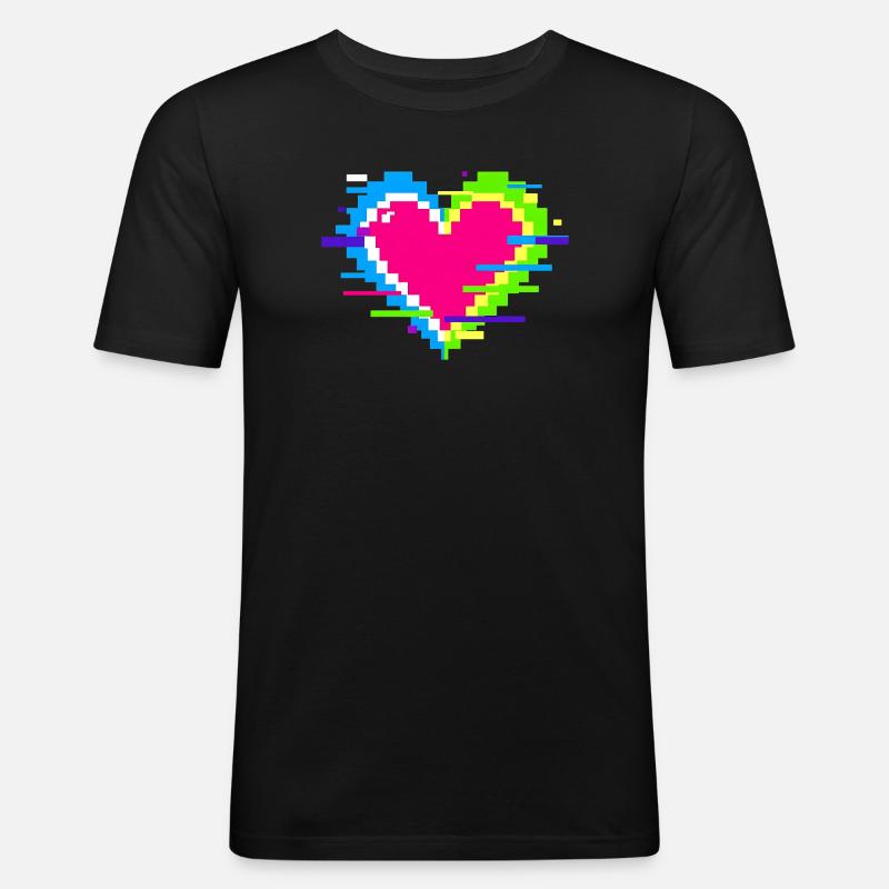 Pixelherz Neon Glitch Regenbogen - Männer Slim Fit T-Shirt - Schwarz