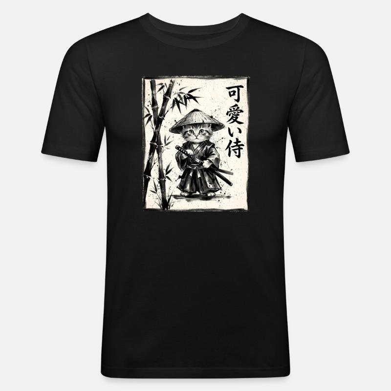 Samurai Cat Sumi-e Ink Drawing - Men's Slim Fit T-Shirt - black