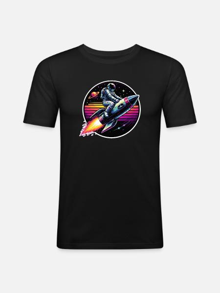 Astronaut on rocket in retro sunset - Men's Slim Fit T-Shirt - black