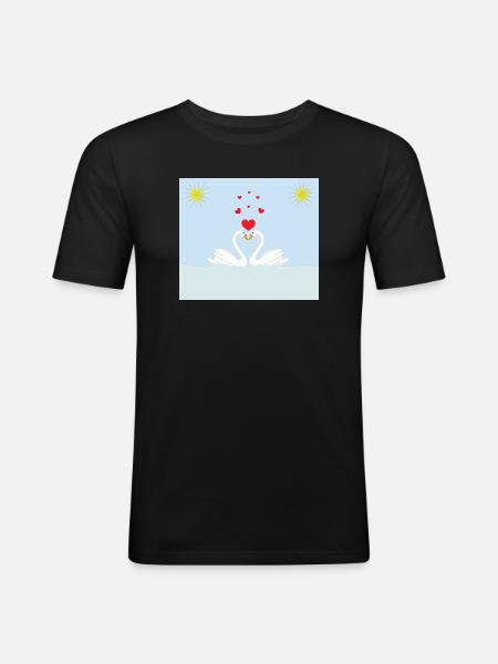 Two white love swans in the water and red hearts - Men's Slim Fit T-Shirt - black