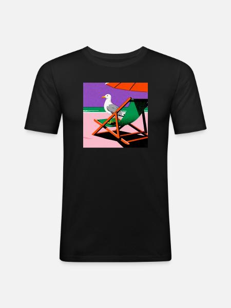 Bunter Strandstuhl und Möwe - Männer Slim Fit T-Shirt - Schwarz