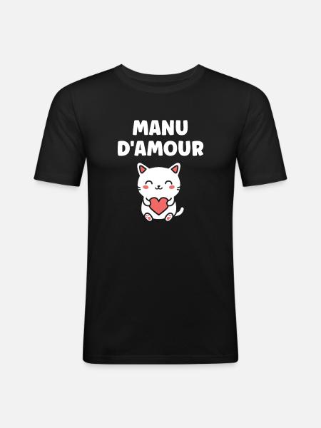 Manu D'Amour Katzenherz - Männer Slim Fit T-Shirt - Schwarz