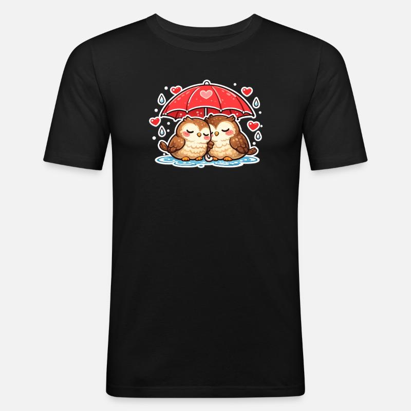 Kuschelige Eulen unter rotem Regenschirm - Männer Slim Fit T-Shirt - Schwarz