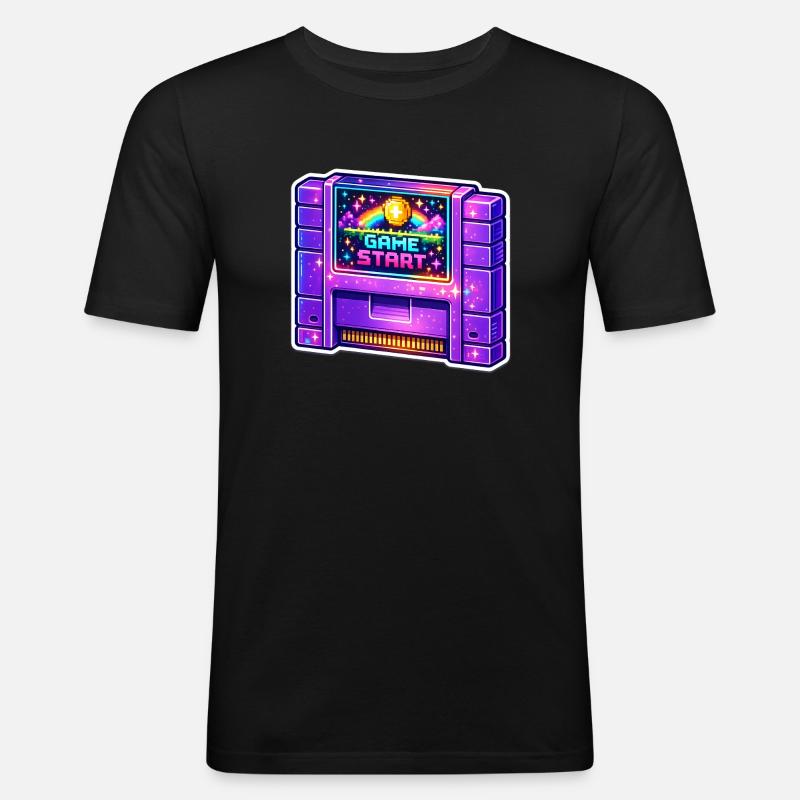 Retro Arcade Start Neon - Männer Slim Fit T-Shirt - Schwarz