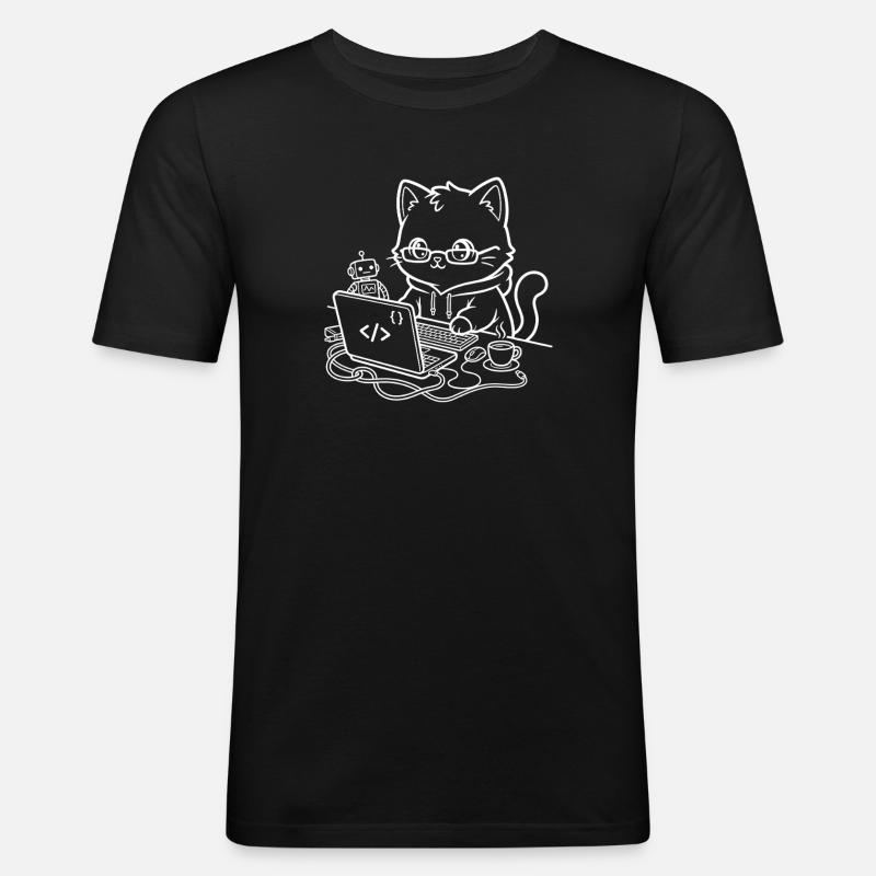 Coder Kawaii Katze Programmierer - Männer Slim Fit T-Shirt - Schwarz