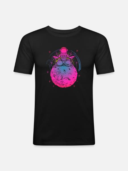 Neon Astronaut auf buntem Mond - Männer Slim Fit T-Shirt - Schwarz
