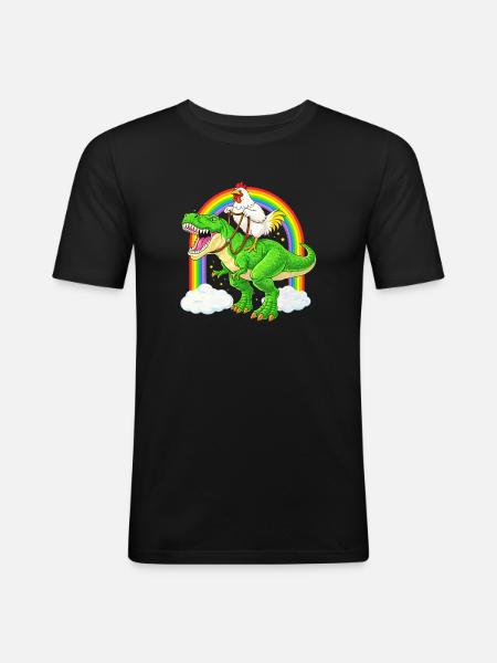 Chicken Riding T-Rex Dinosaur Rainbow - Men's Slim Fit T-Shirt - black