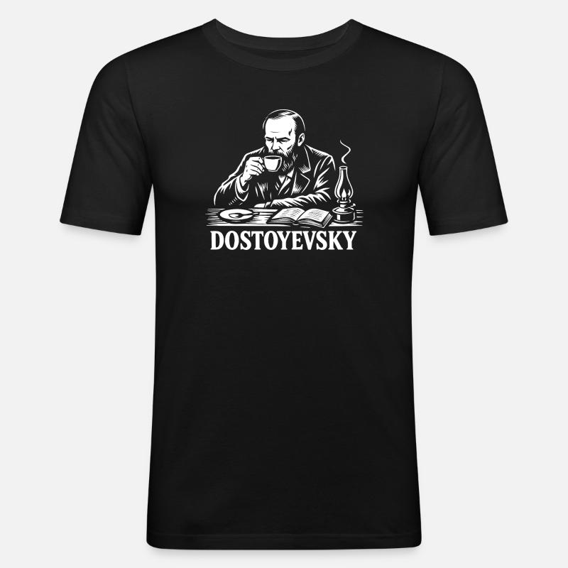 Dostojewski beim Kaffeeporträt - Männer Slim Fit T-Shirt - Schwarz