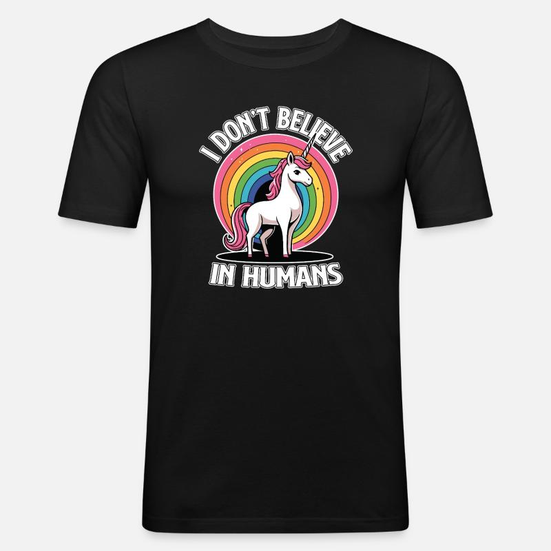 Unicorn Rainbow Non credo negli umani - Maglietta aderente da uomo - nero