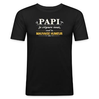 Papi je répare tout sauf la mauvaise humeur - T-shirt près du corps Homme - noir - Devant - Nik (191cm)