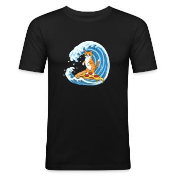 Surfer cat on pizza wave - Men's Slim Fit T-Shirt - black - Front - Nik (191cm)