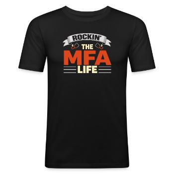 Rockin, l’assistant médical de vie en MFA - T-shirt près du corps Homme - noir - Devant - Nik (191cm)